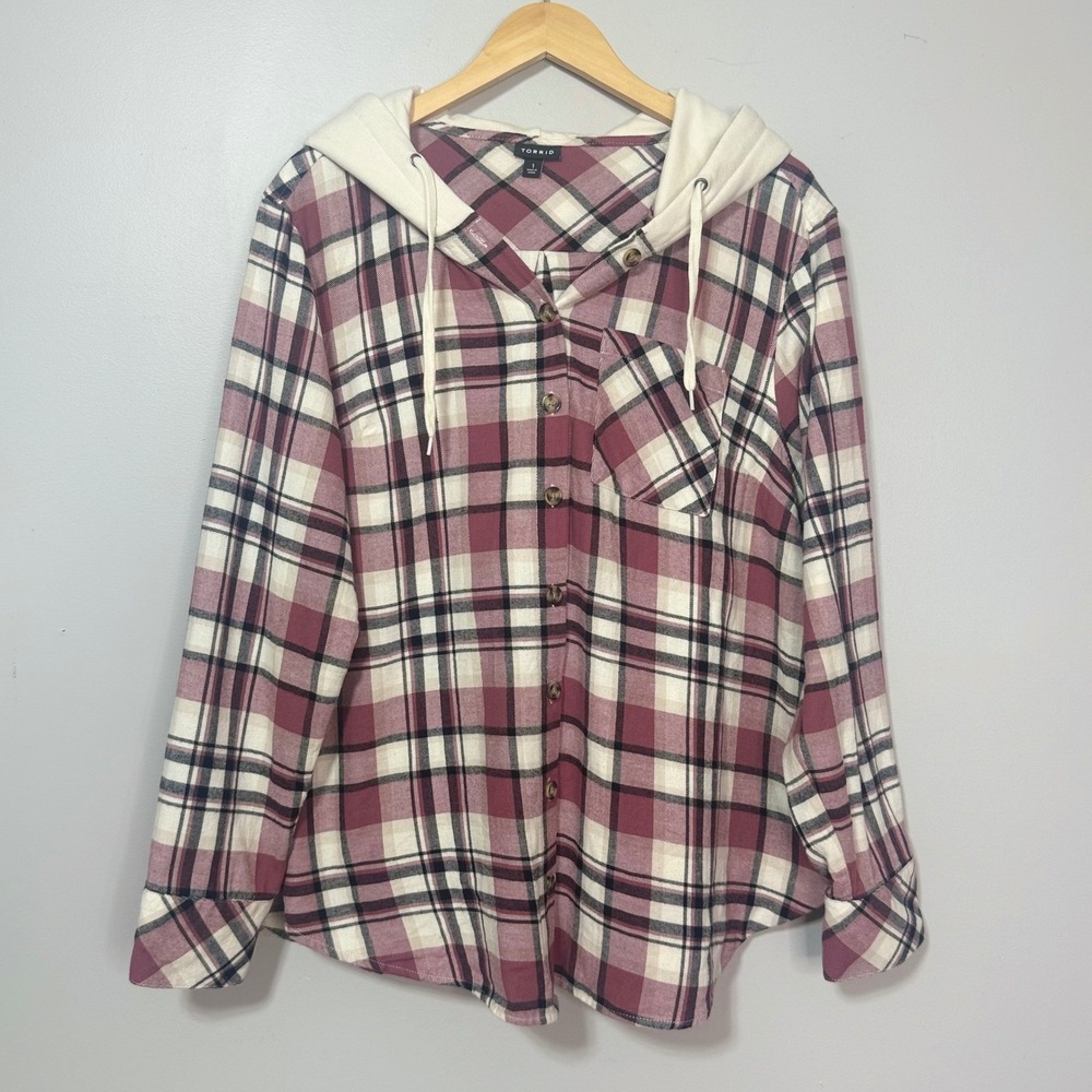 Torrid Flannel Hooded Shirt Women 1X (14-16) Pink Plaid Button Front Long Sleeve